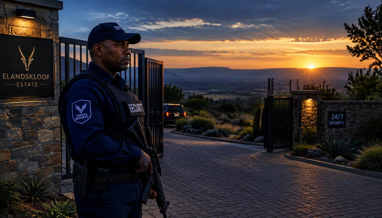 Security officer guarding an estate gate at dusk